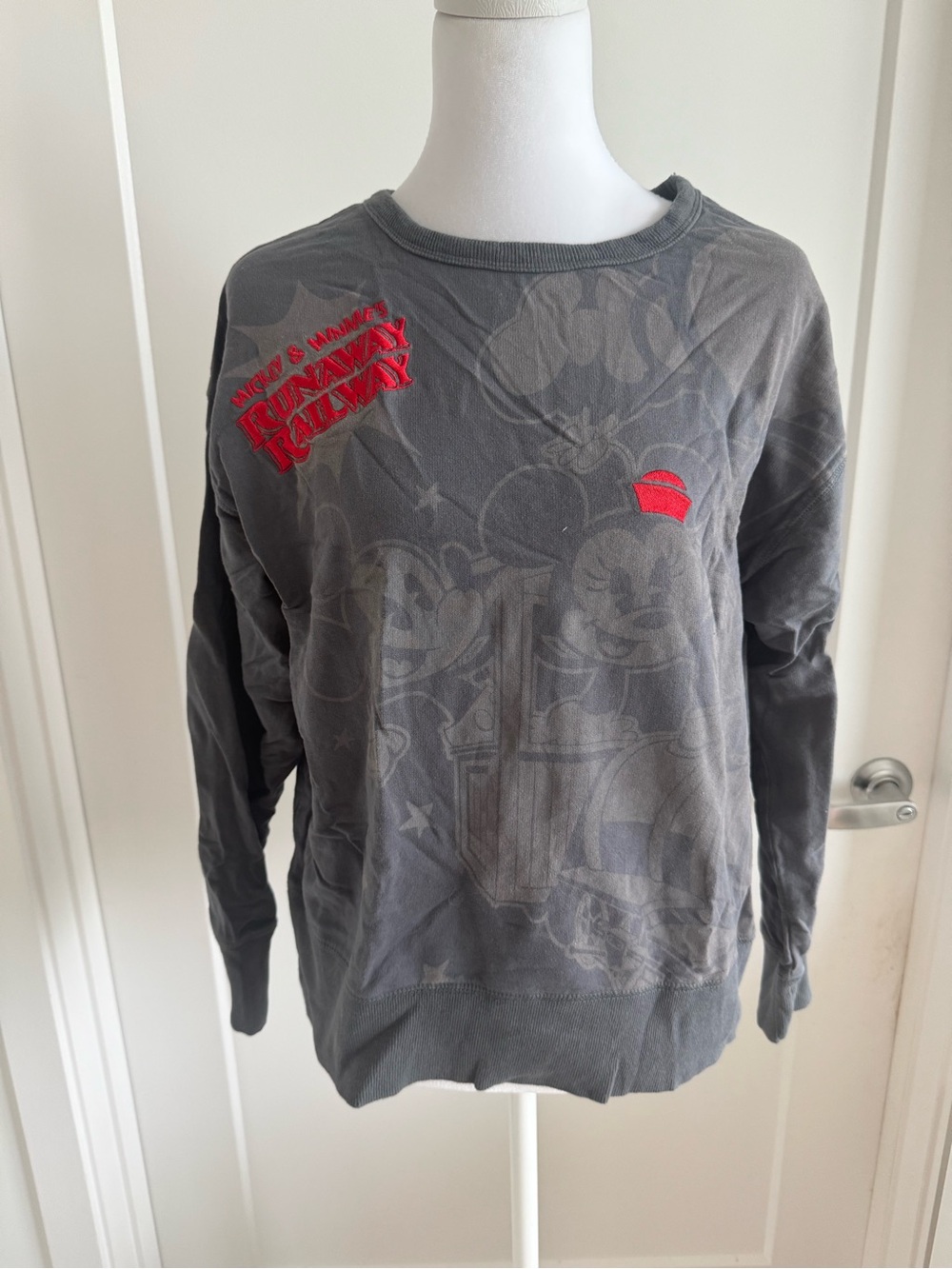 Disney Gray Mickey Graphic Crewneck Sweatshirt with Red Accents - Women’s